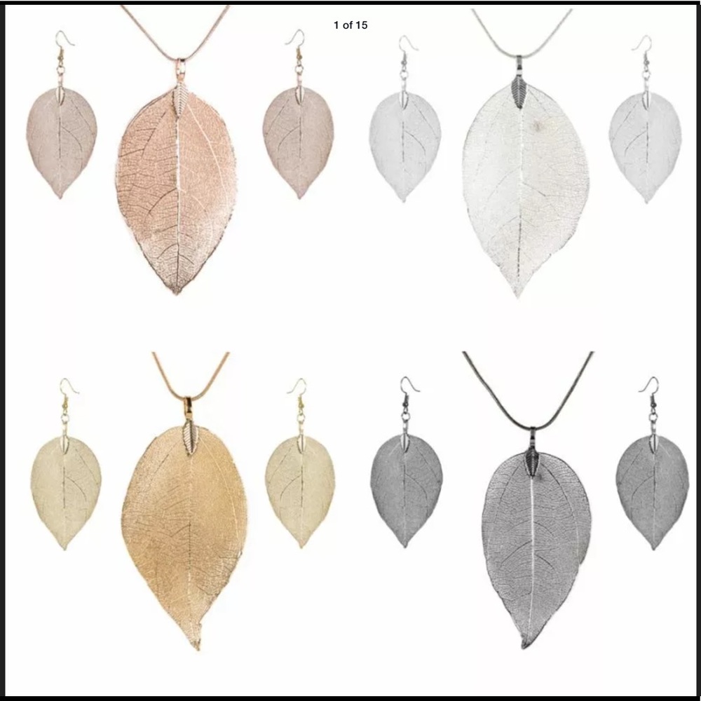 NWT Natural Real Leaf Leaves Necklace Earrings Set